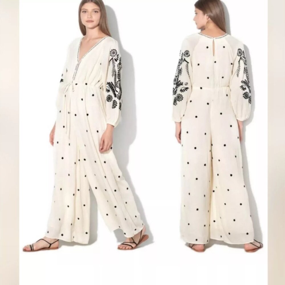 Free People Women's Embroidered Wide Leg Jumpsuit Ivory 3/4 Sleeves Size Small